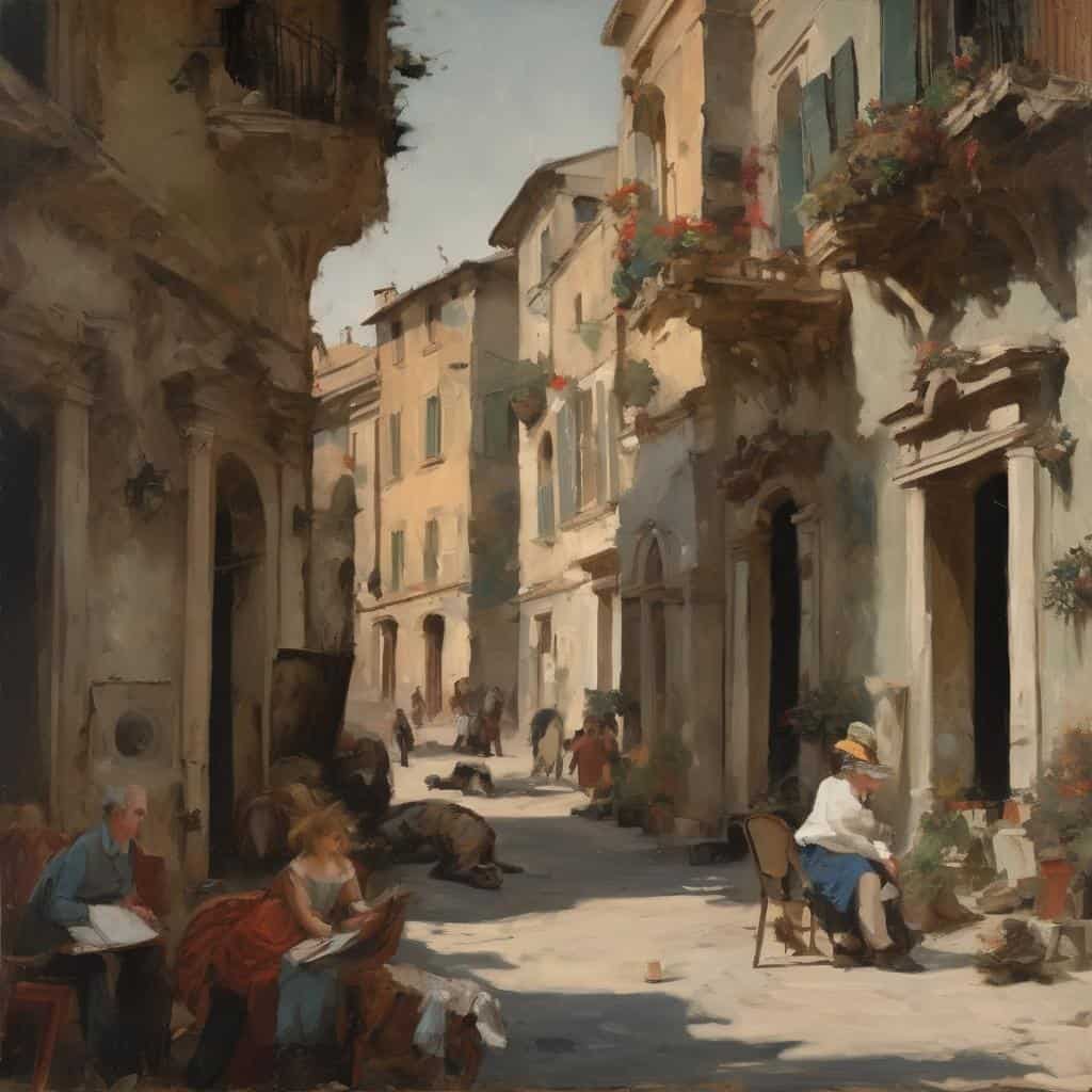 Φωτογραφία από την εποχής των Καλλιτεχνών που άλλαξαν την τέχνη για πάντα, με ζωγραφική υφή και αρχαία αρχιτεκτονική.