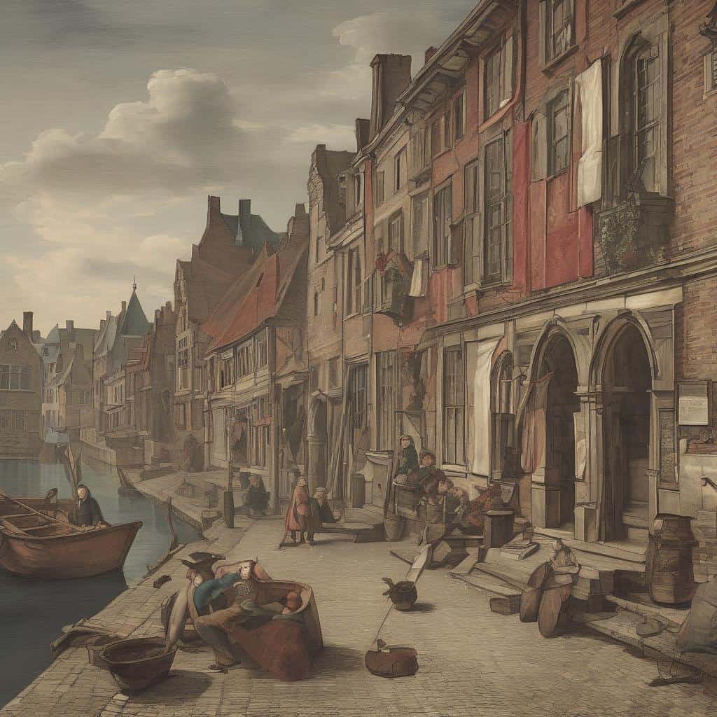 Ολλανδική πόλη με κανals και παραδοσιακά κτίρια, εμπνευσμένο έργο καλλιτέχνη που άλλαξε την τέχνη για πάντα.