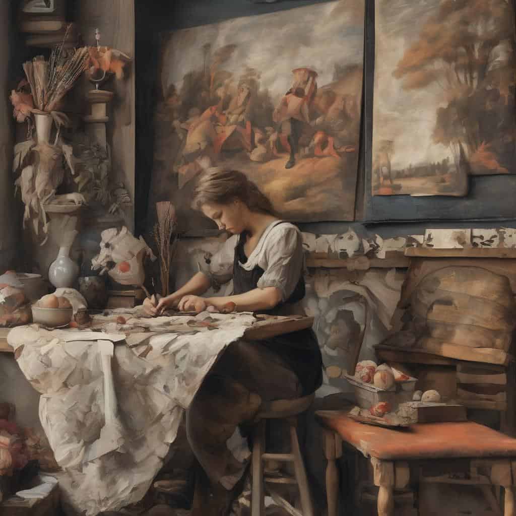 Νεαρή γυναίκα ζωγραφίζει σε παλιακό εργαστήρι, επηρεασμένη από σπουδαίους καλλιτέχνες που άλλαξαν την τέχνη.