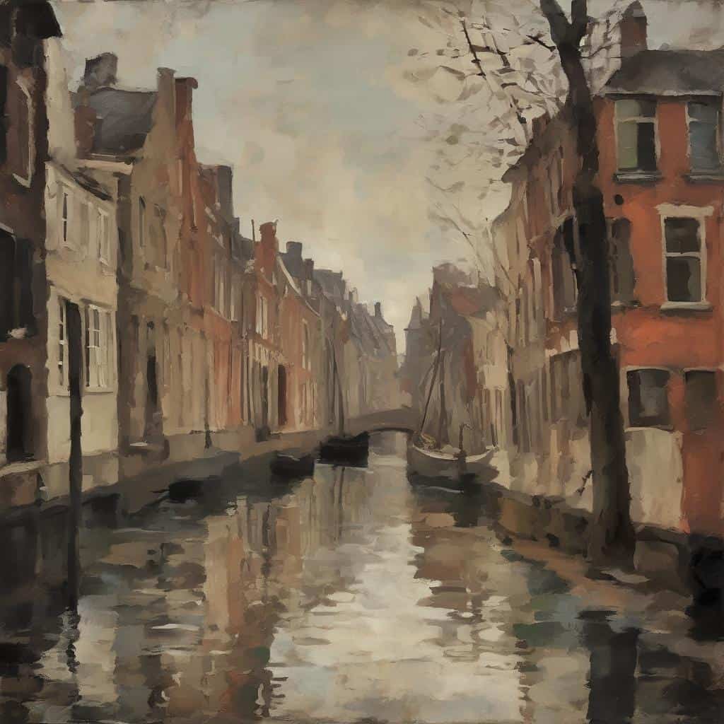 Αρχιτεκτονική καστανιάς και κανάλι στη Βενετία, ζωγραφισμένη με ρεαλιστικό ύφος, εμπνευσμένη από καλλιτέχνες που άλλαξαν την τέχνη για πάντα.
