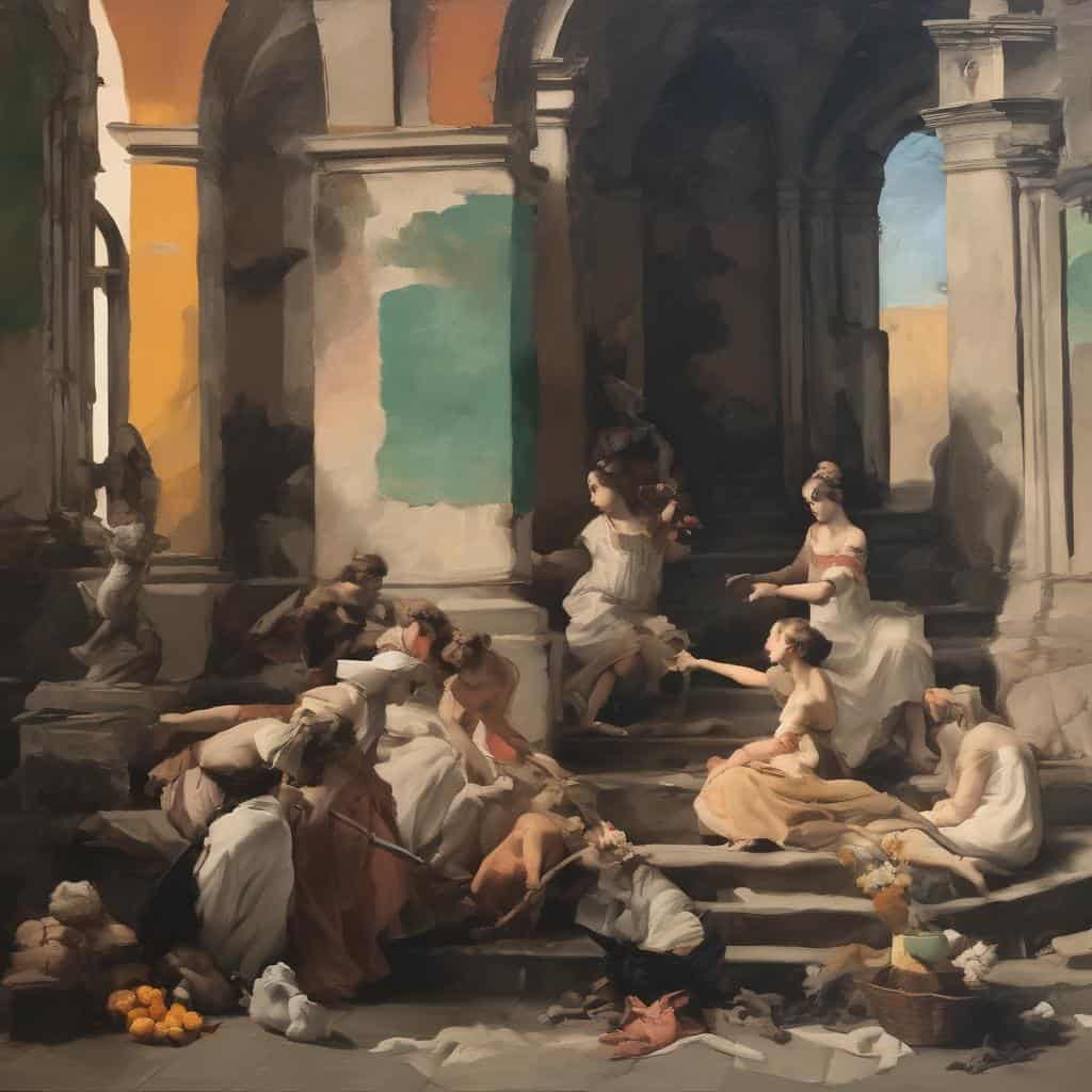 Επιτύμβια σκηνή με γυναίκες και παιδιά, επηρεασμένη από σημαντικούς καλλιτέχνες που άλλαξαν την τέχνη.